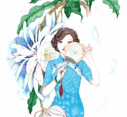 原創民國旗袍美女與花卉水彩插畫[今